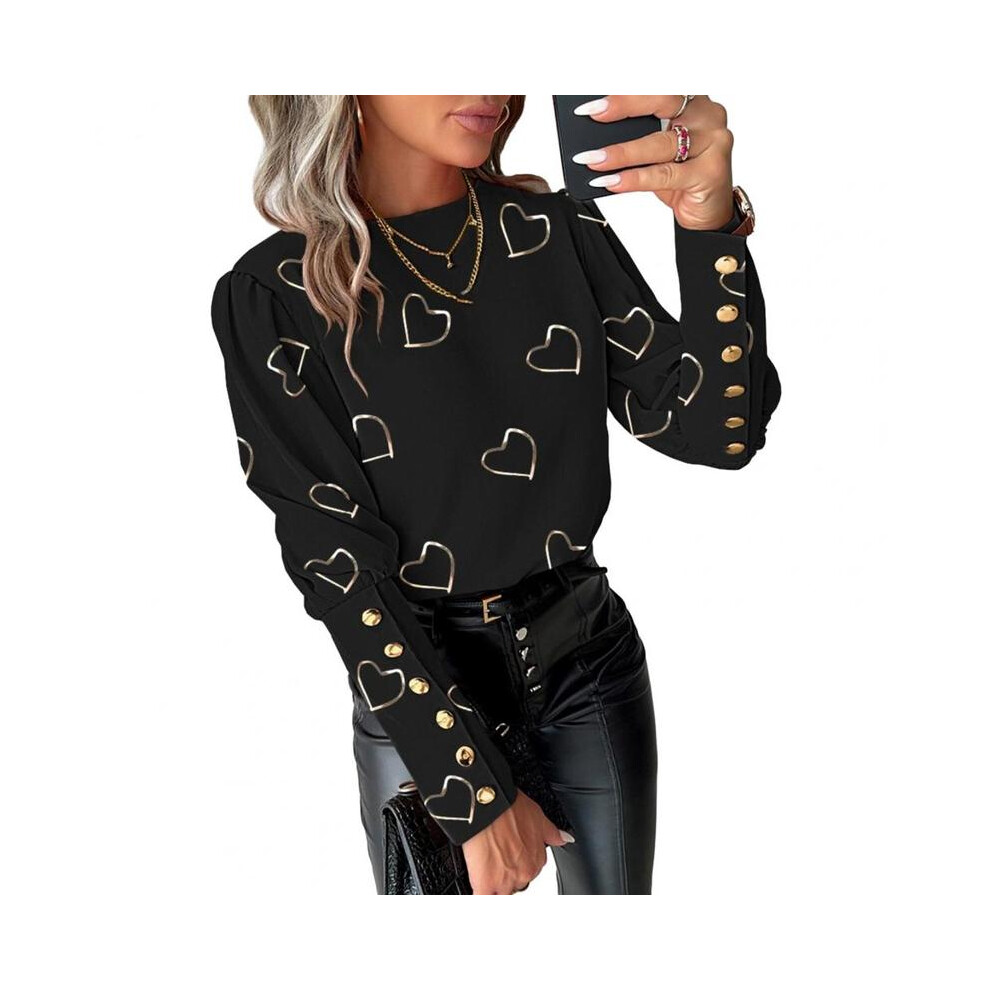 (Black, 2XL) Round Neck Shirt Heart Print Long Sleeve Blouse for Women Round Neck Loose Button Decor Shirt Soft Breathable Ol Commute Style