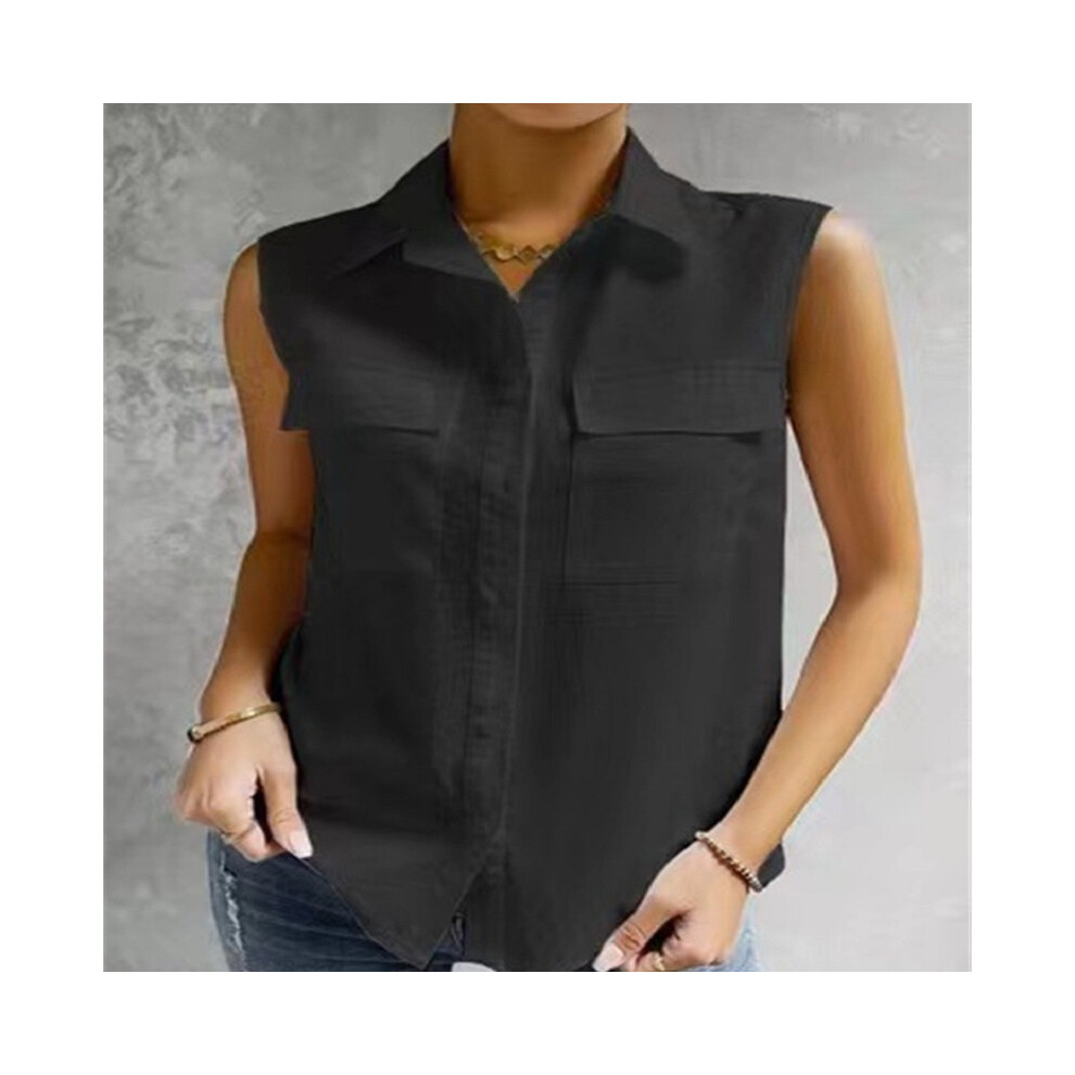 (black, L) Summer White Sleeveless Lapel Shirt Solid Color Pocket Office Lady Casual Elegant Shirts & Blouses For Women Fashion Tops