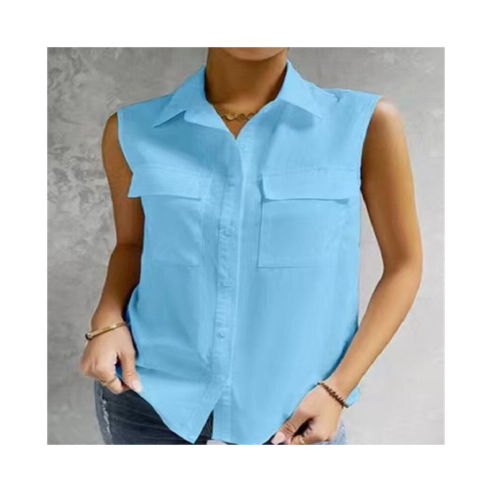 (SKY BLUE, 4XL) Summer White Sleeveless Lapel Shirt Solid Color Pocket Office Lady Casual Elegant Shirts & Blouses For Women Fashion Tops