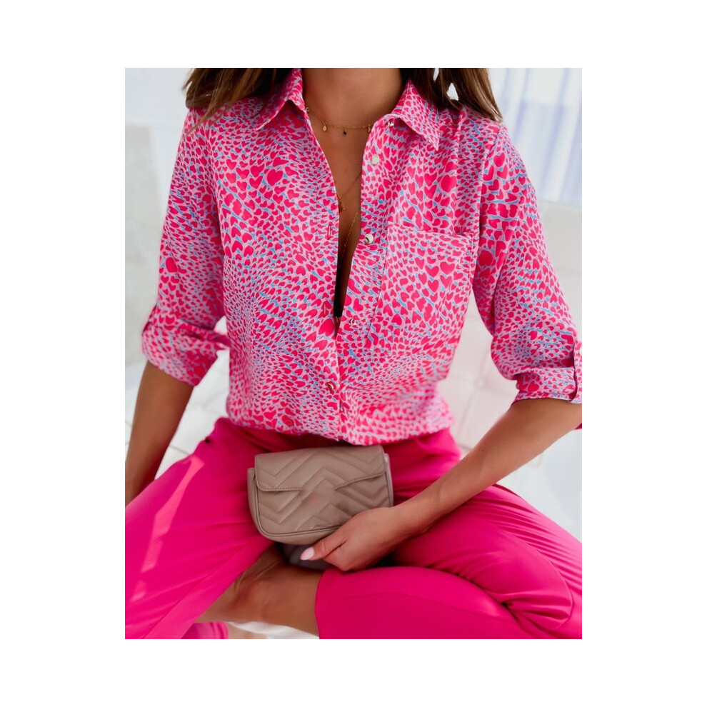 (ST22134 Red Love, L) Women's Office  Autumn New Women's Top Shirts Long Sleeve Shirt Printed Fashion Casual Flower Polo Shirt Women Blouse Spring