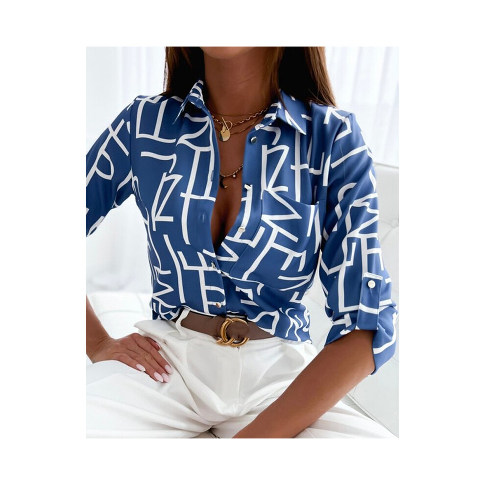 (ST22134Blue Letter, S) Women's Office  Autumn New Women's Top Shirts Long Sleeve Shirt Printed Fashion Casual Flower Polo Shirt Women Blouse Spring
