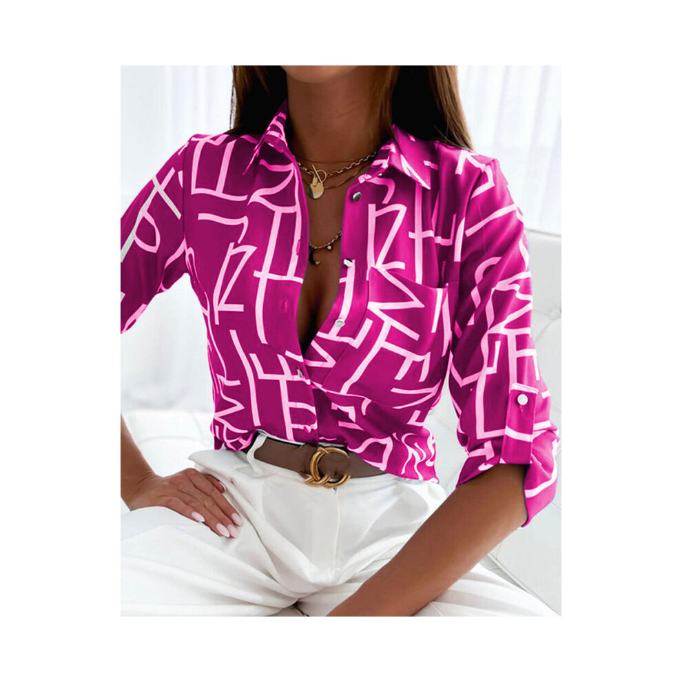 (ST22134Purple Letter, L) Women's Office  Autumn New Women's Top Shirts Long Sleeve Shirt Printed Fashion Casual Flower Polo Shirt Women Blouse Spring