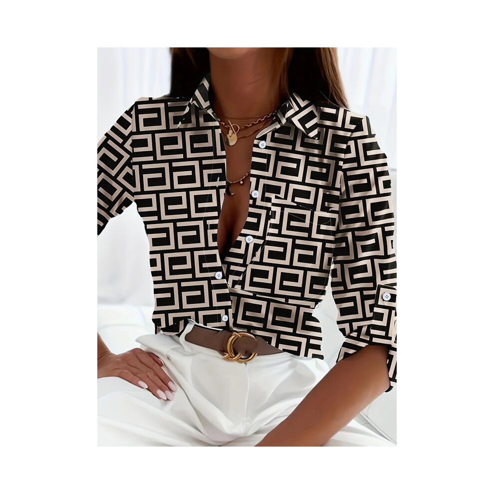 Maxpower (B25slthn232416c, Xxl) Elegant Ladies Fashion Shirt Spring And Autumn Digital Chain Print Shirt Commuting Slim Fit Office Ladies Shirt