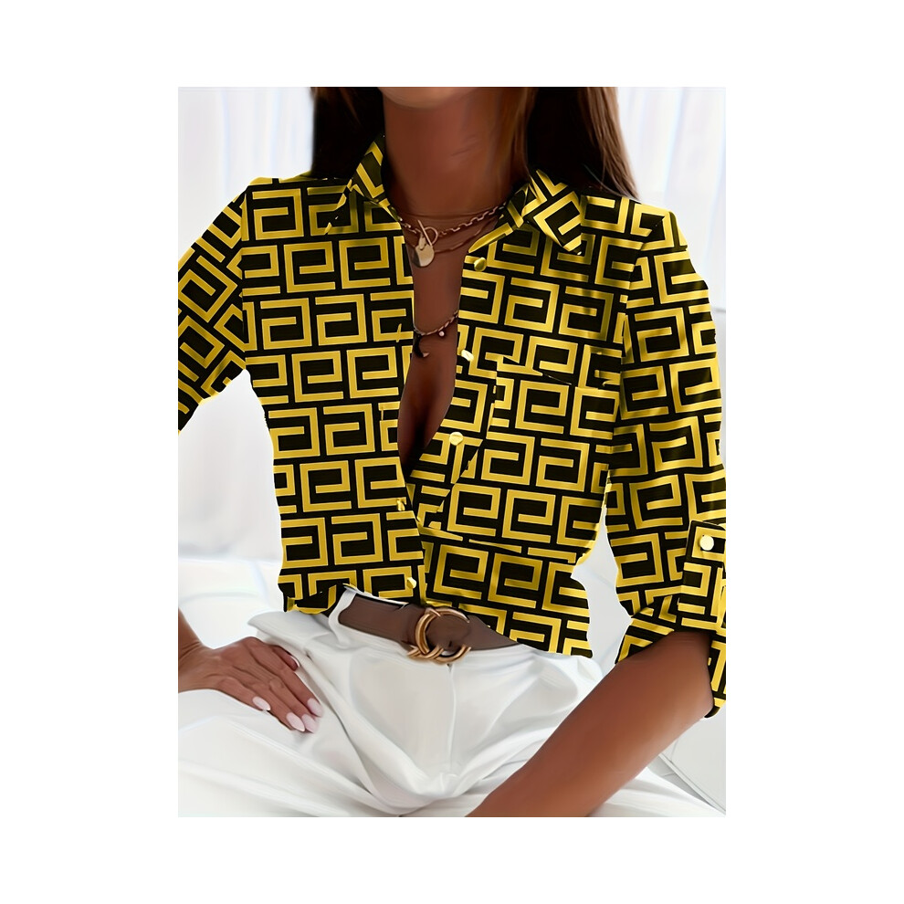 Maxpower (B25slthn232416d, 5XL) Elegant Ladies Fashion Shirt Spring And Autumn Digital Chain Print Shirt Commuting Slim Fit Office Ladies Shirt