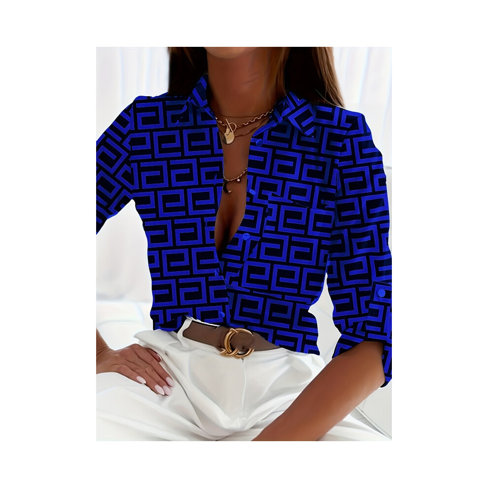 Maxpower (B25slthn232416e, M) Elegant Ladies Fashion Shirt Spring And Autumn Digital Chain Print Shirt Commuting Slim Fit Office Ladies Shirt