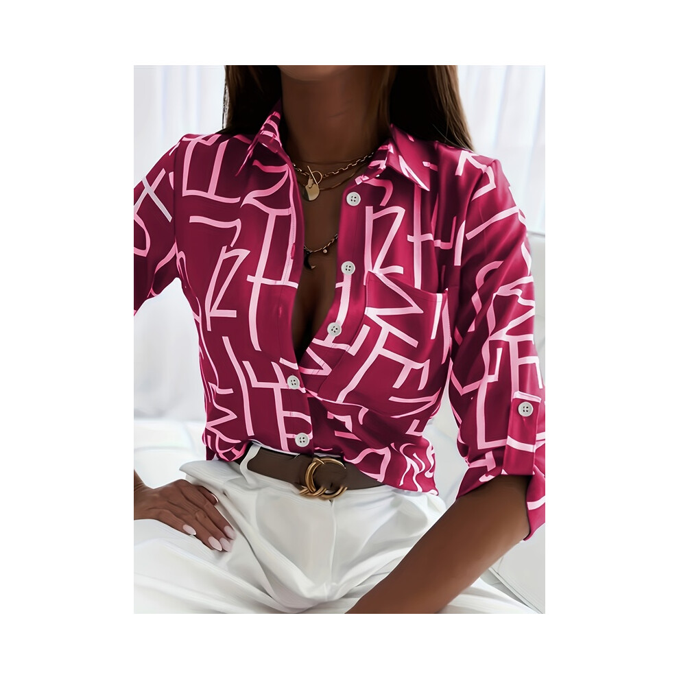 Maxpower (B25slthn232416h, S) Elegant Ladies Fashion Shirt Spring And Autumn Digital Chain Print Shirt Commuting Slim Fit Office Ladies Shirt