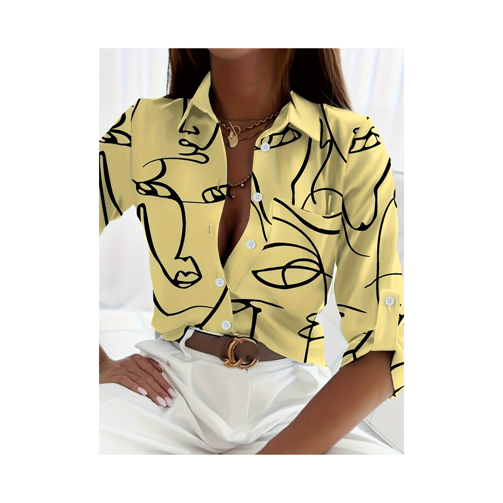 Maxpower (B25slthn232416l, 4XL) Elegant Ladies Fashion Shirt Spring And Autumn Digital Chain Print Shirt Commuting Slim Fit Office Ladies Shirt