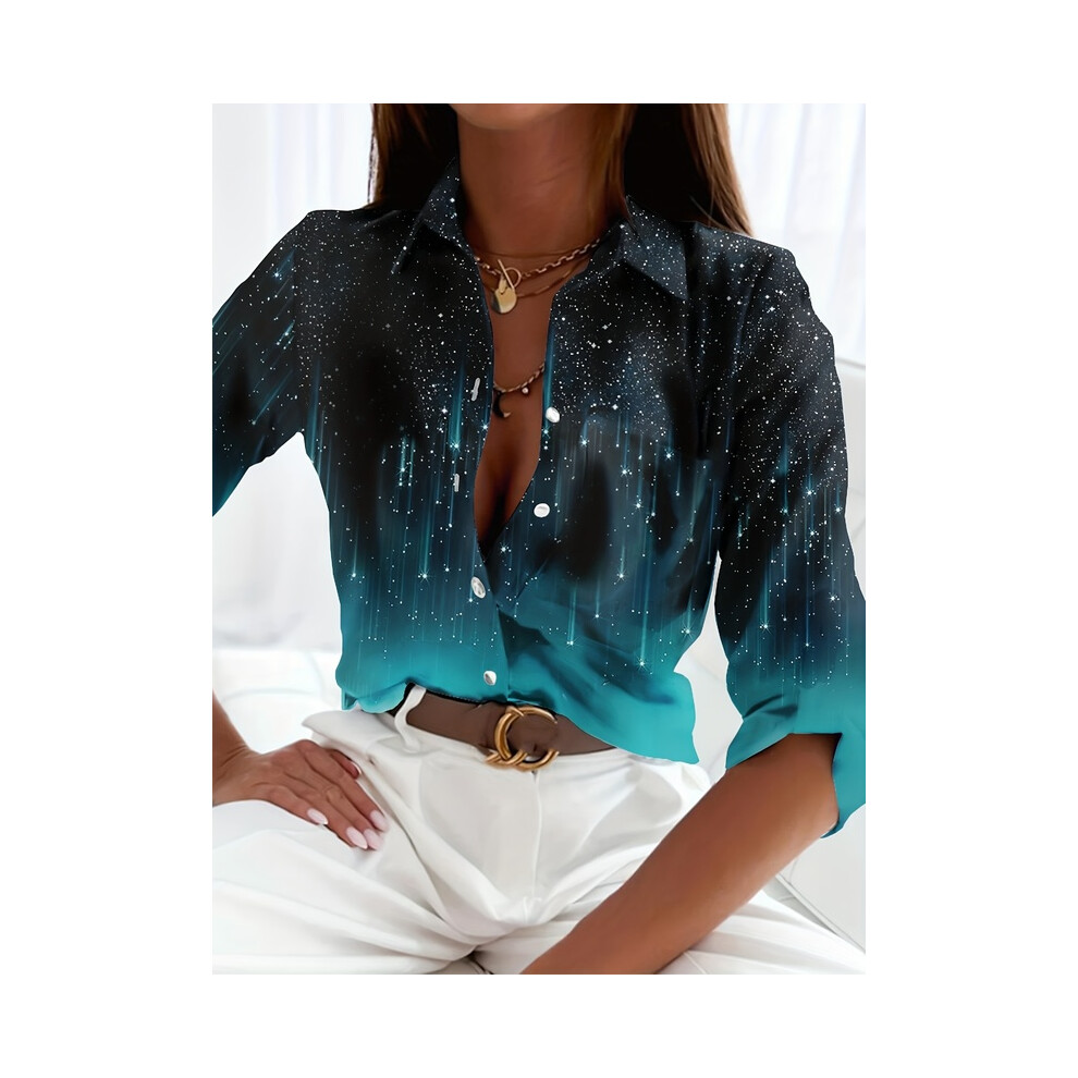 Maxpower (B25slthn232811a, 4XL) Elegant Ladies Fashion Shirt Spring And Autumn Digital Chain Print Shirt Commuting Slim Fit Office Ladies Shirt