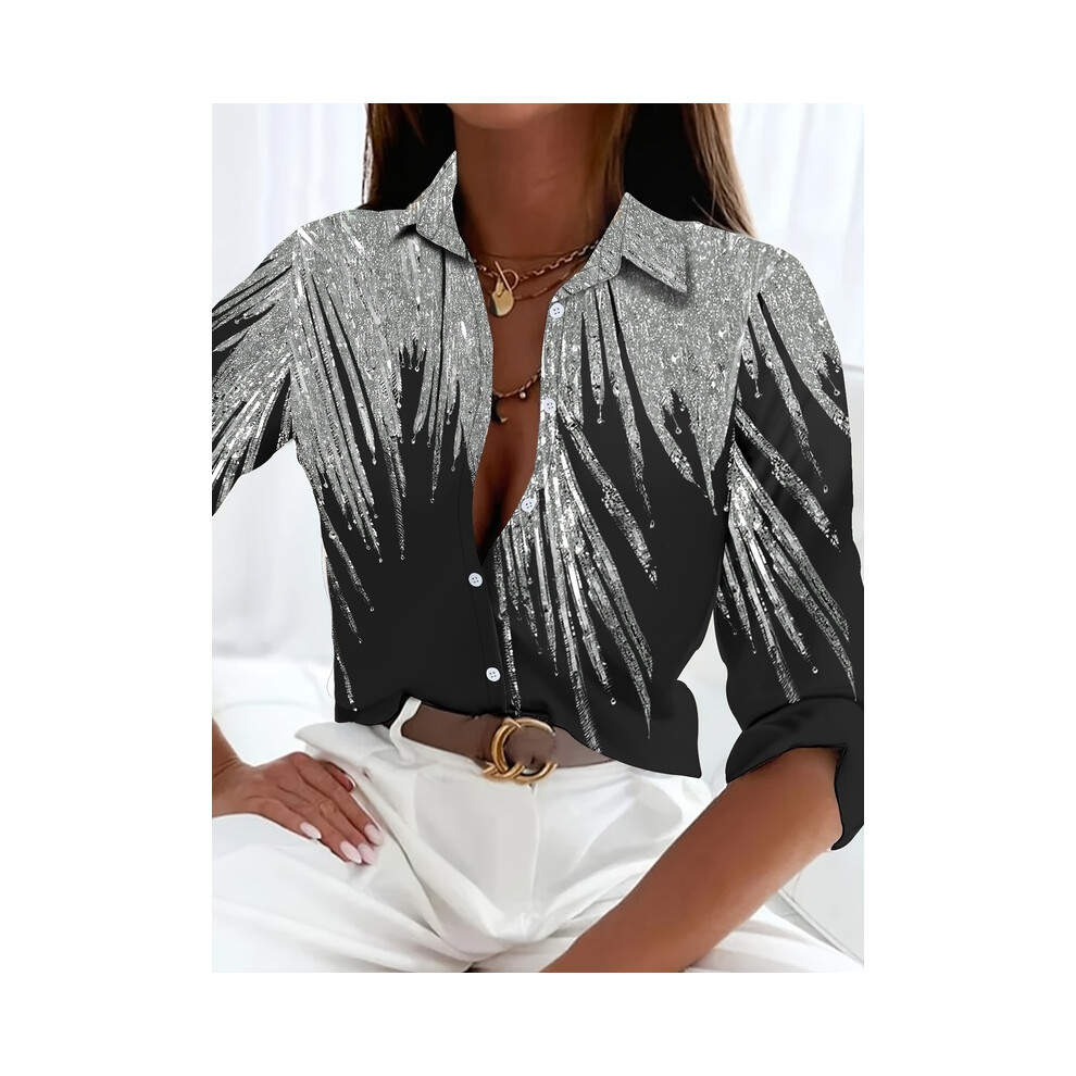 Maxpower (B25slthn232811b, 5XL) Elegant Ladies Fashion Shirt Spring And Autumn Digital Chain Print Shirt Commuting Slim Fit Office Ladies Shirt