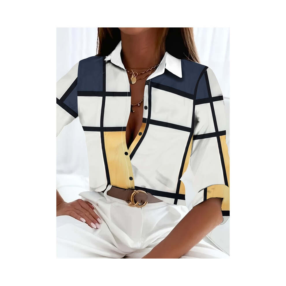 Maxpower (B25slthn232811h, L) Elegant Ladies Fashion Shirt Spring And Autumn Digital Chain Print Shirt Commuting Slim Fit Office Ladies Shirt