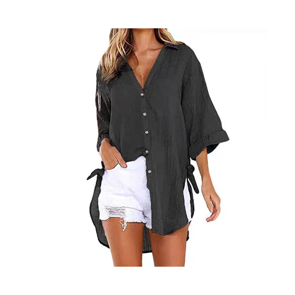 (Black, 4XL) Lace-up Irregular Shirts And Blouses OL Elegant Blouses For Women Summer Solid V-Neck Half Sleeve Causal Mid-length Loose