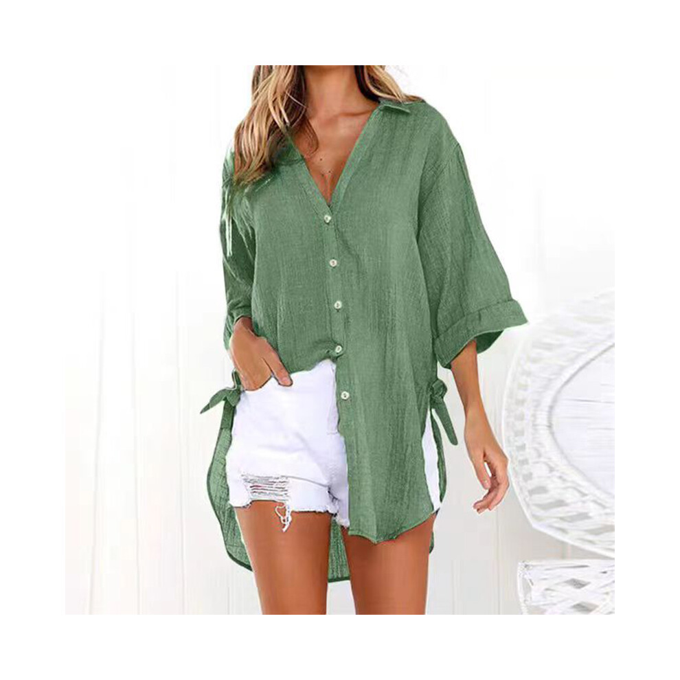 (Green, 5XL) Lace-up Irregular Shirts And Blouses OL Elegant Blouses For Women Summer Solid V-Neck Half Sleeve Causal Mid-length Loose