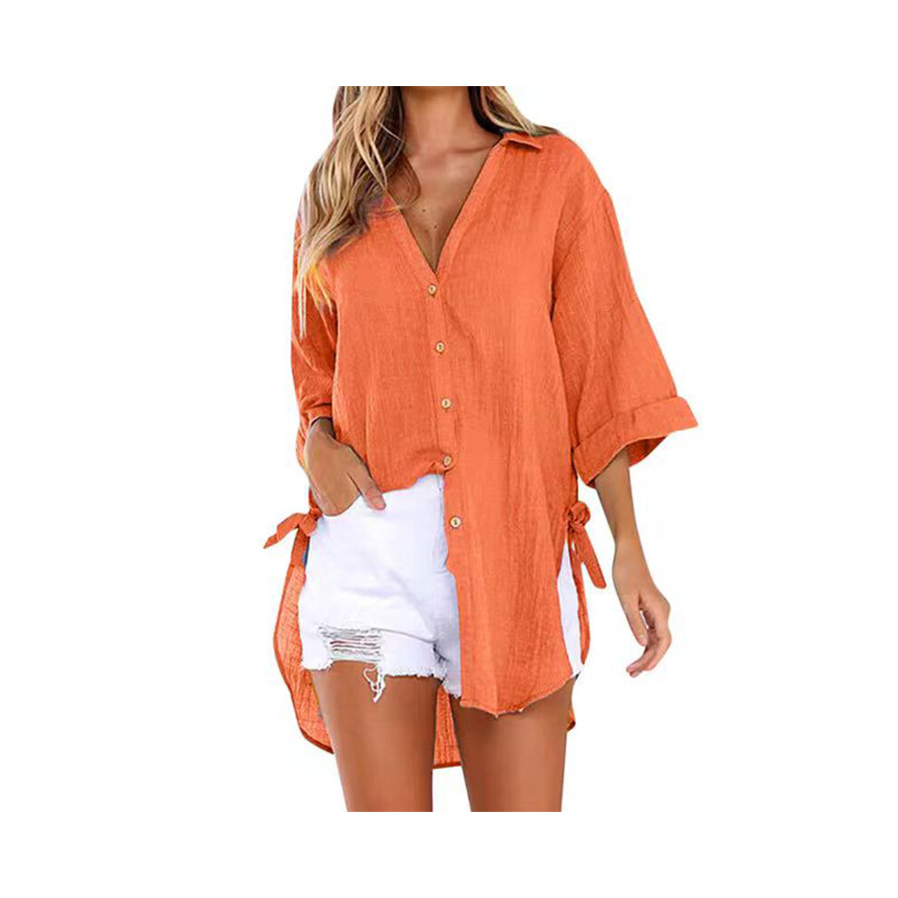 (Orange, 5XL) Lace-up Irregular Shirts And Blouses OL Elegant Blouses For Women Summer Solid V-Neck Half Sleeve Causal Mid-length Loose-image-OPC-PG8XWYM-NEW