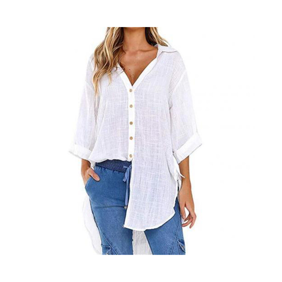 (White, XXXL) Lace-up Irregular Shirts And Blouses OL Elegant Blouses For Women Summer Solid V-Neck Half Sleeve Causal Mid-length Loose