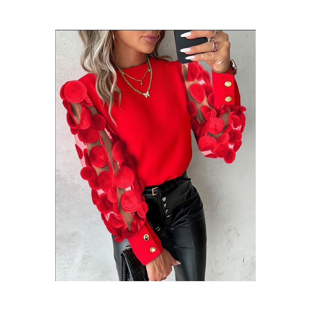 (Red, L) Women Embroidery Floral Patchwork Blouse Shirts Spring Female O-Neck One Button Back Long Lantern Sleeve OL Blouse Tops