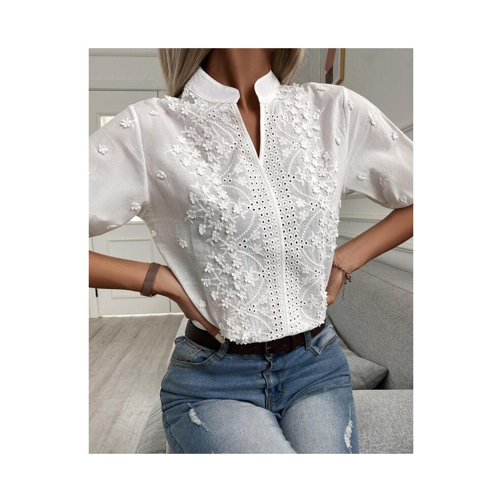 (WHITE, L) Summer Women's White Top Blouse New Fashion Elegnat V Neck Short Sleeve Casual Office Party Tops Shirts Female Lace Shirt