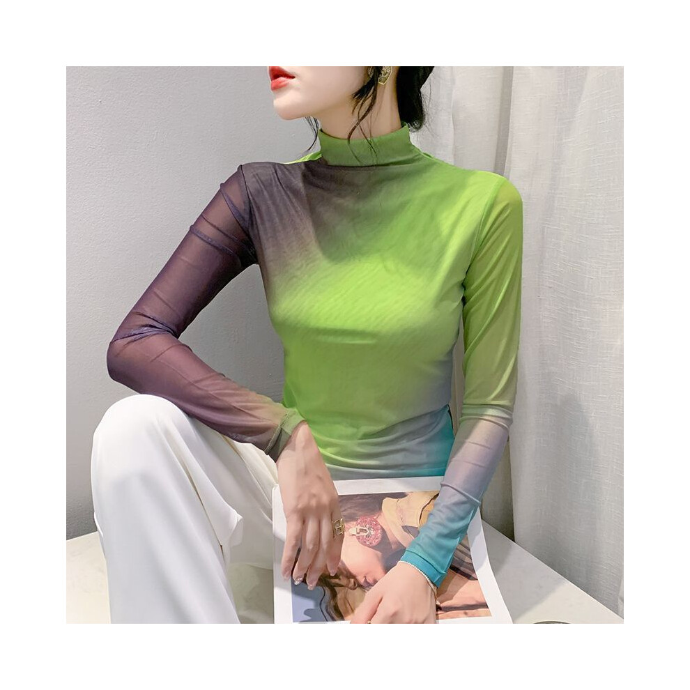 (green, S) Spring Gradient Tie-Dye Mesh Top Women's Autumn New Fashionable High-Neck Bottoming Shirt Women's Long-Sleeved T-Shirt