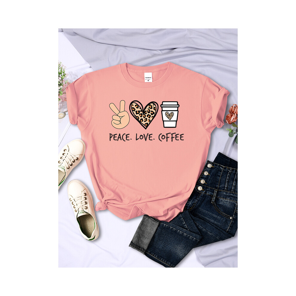 (Pink, XL) Peace Love Coffee Prints Women Tshirts Cotton High Quality T-Shirts Brand Breathable Tees Shirts Street O-Neck Tshirt For Women