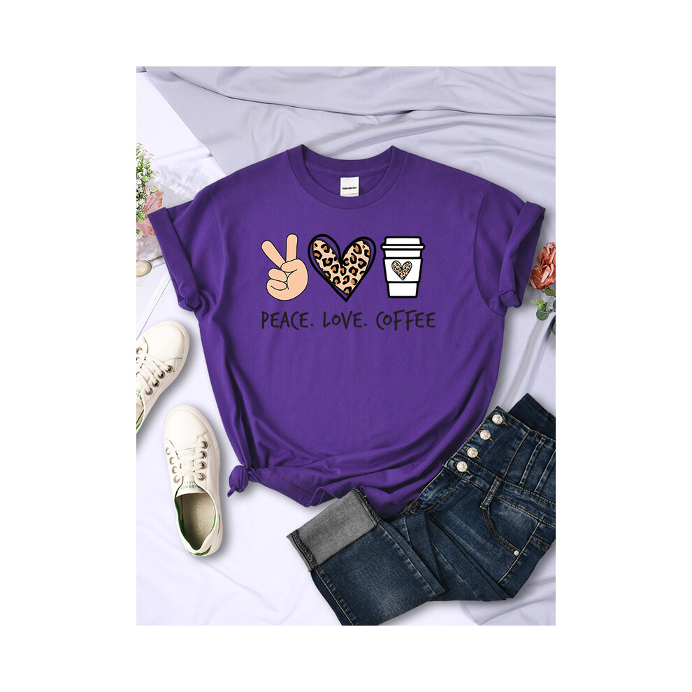 (Purple, S) Peace Love Coffee Prints Women Tshirts Cotton High Quality T-Shirts Brand Breathable Tees Shirts Street O-Neck Tshirt For Women