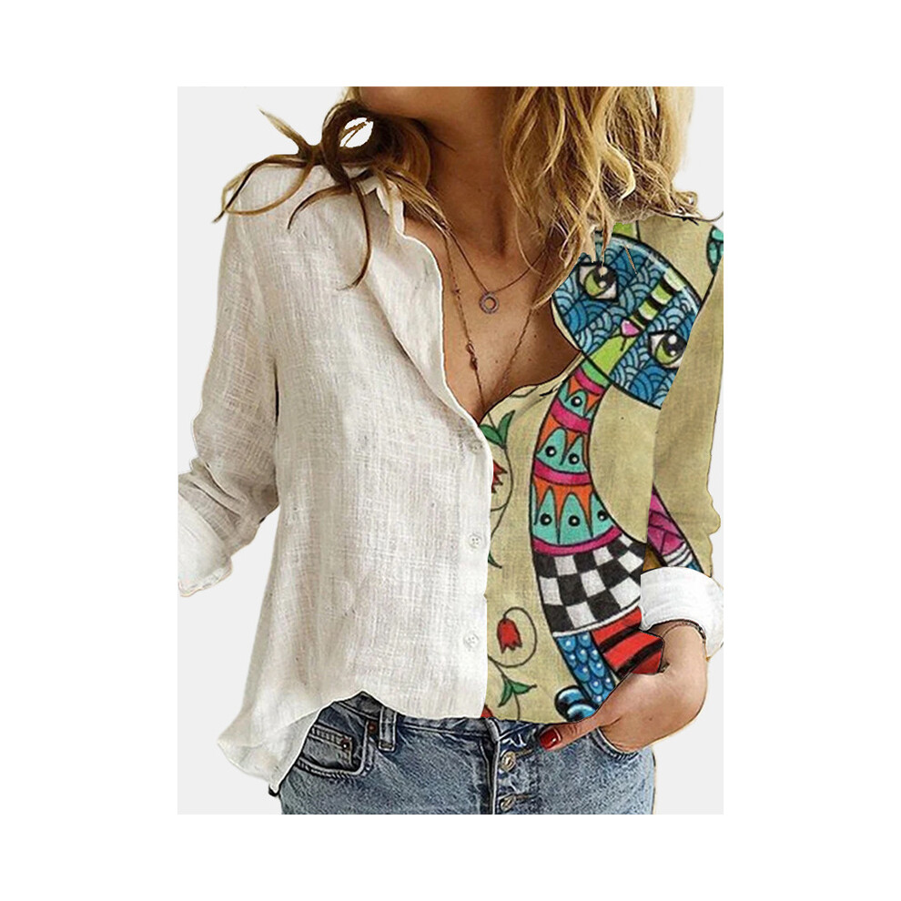 (19, XXL) Fashion Splicing Retro Face Printing Long Sleeve Shirt Women 2023 Autumn Lapel Button Casual Tops Ladies Cotton Polyester Shirt