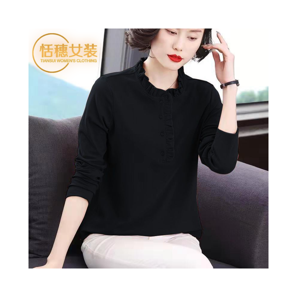 Maxpower (Black, Xl) Ladies Spring Autumn Fashion Simplicity Button Solid Color O-Neck Long Sleeve Women Clothing All-Match Ruffles Long Sleeve Tops