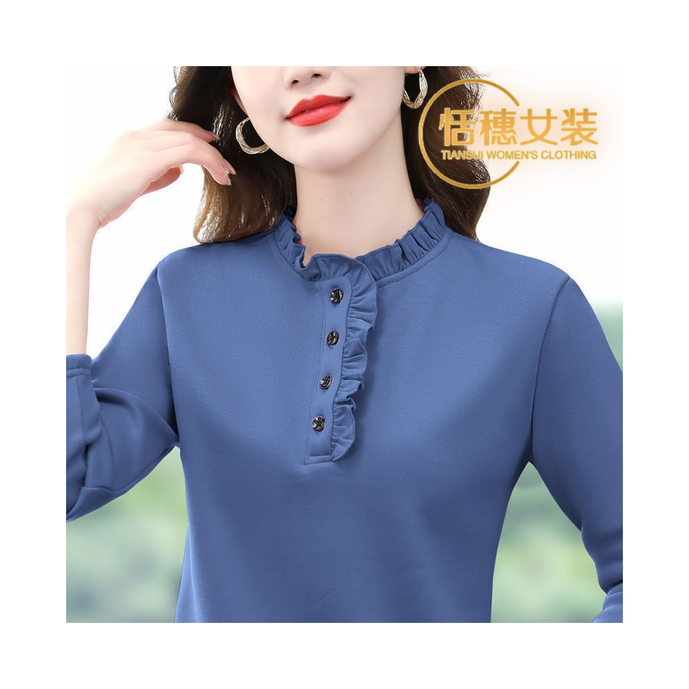 Maxpower (Blue, Xxl) Ladies Spring Autumn Fashion Simplicity Button Solid Color O-Neck Long Sleeve Women Clothing All-Match Ruffles Long Sleeve Tops