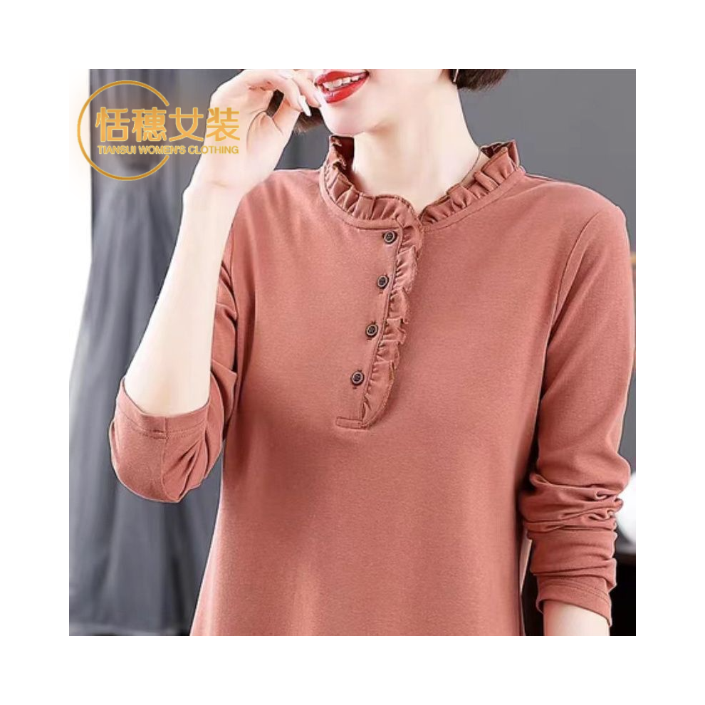 Maxpower (Red, Xl) Ladies Spring Autumn Fashion Simplicity Button Solid Color O-Neck Long Sleeve Women Clothing All-Match Ruffles Long Sleeve Tops