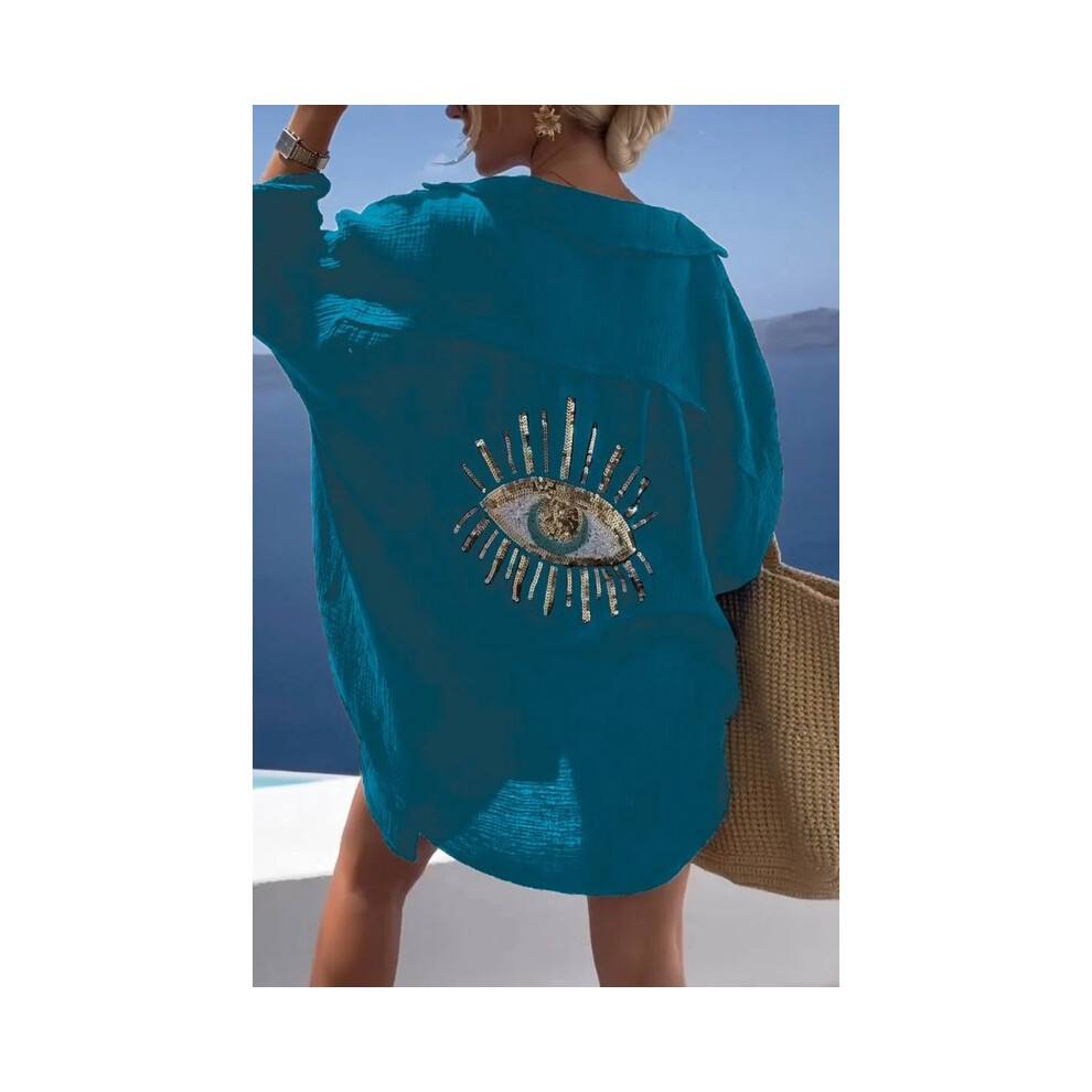 (Blue, M) Casual Women's Shirt Spring Summer Fashion Beach Style Loose Button Sunscreen Cotton Linen Shirt Dress Casual Femme Top