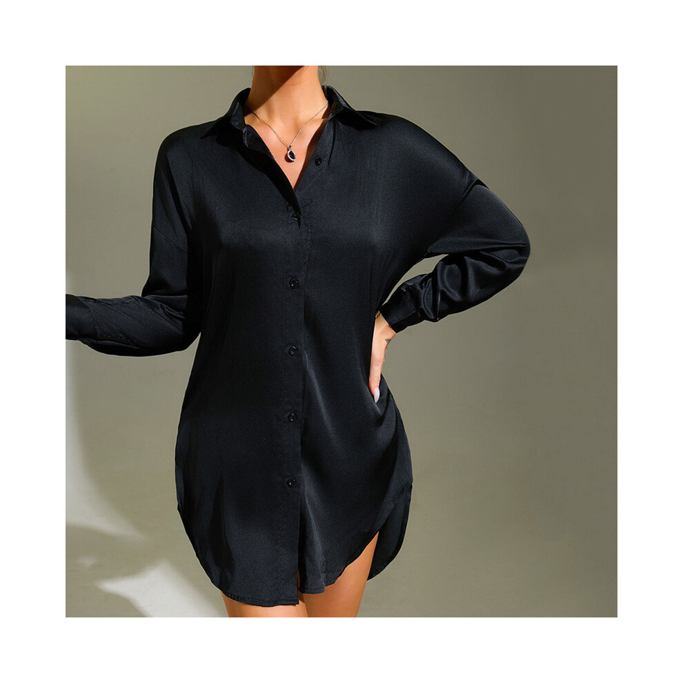 (Black, L) Spring Summer Women'S Shirts Office Lady Blouse Ice Silk Pajamas Button Up Long Sleeve Shirts Women Black White Tee Shirts