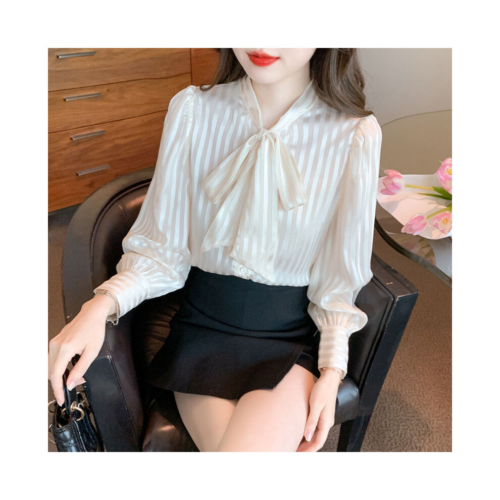 (Beige, XXXL) Korean Striped Long Sleeve Chiffon Blouse Summer New Thin Bow Patchwork Loose All-match Shirt Tops Fashion Elegant Women Clothes