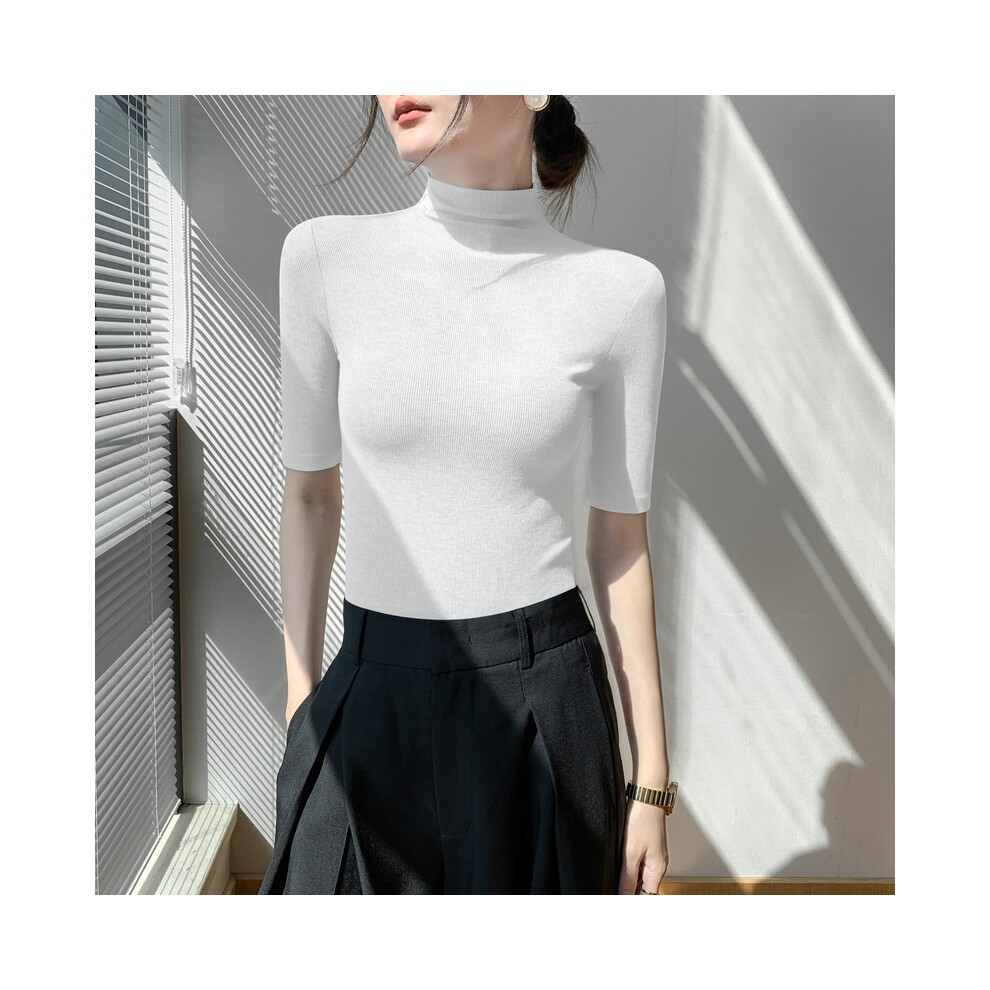 (White, XXL) Turtleneck Sweater Bottom Shirt Women's Medium Sleeve Short Sleeve Tops Spring Summer Autumn Slim Black Knit Inside t-shirt Soft