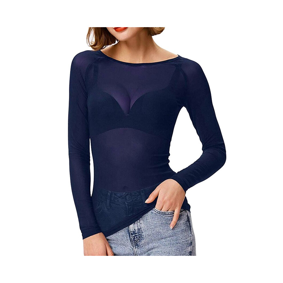 (Blue, XL) Women Mesh Tops Women's See Through Long Sleeve Seamless Arm Top Mesh Shirt Summer Lightweight Breath Comfty Pure Desire Tops
