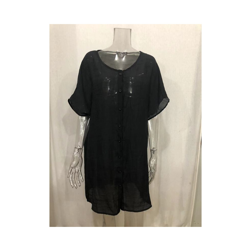 (black, 2XL) Women Cotton Linen Long Blouse Summer Short Sleeve Solid Button Blouse Casual Shirt Vintage Oversized