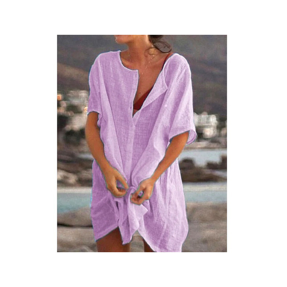 (Light purple, L) Women Cotton Linen Long Blouse Summer Short Sleeve Solid Button Blouse Casual Shirt Vintage Oversized