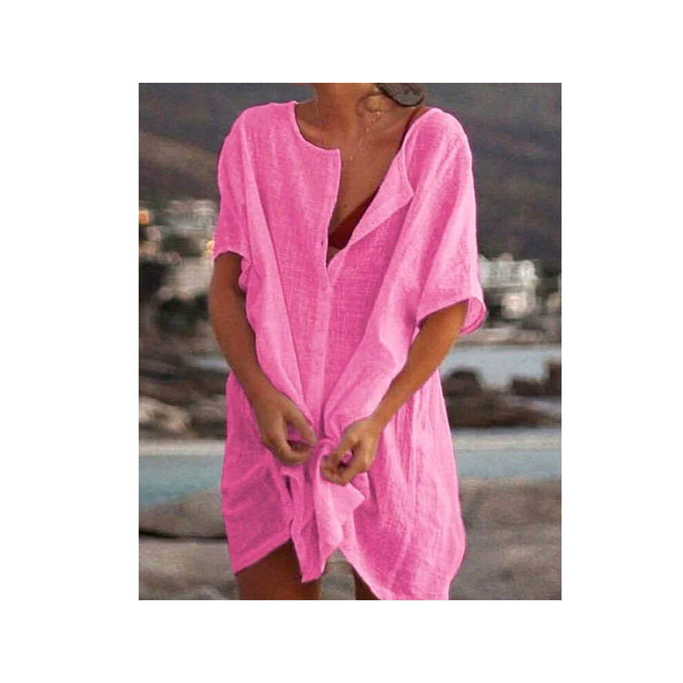 (pink, 6XL) Women Cotton Linen Long Blouse Summer Short Sleeve Solid Button Blouse Casual Shirt Vintage Oversized