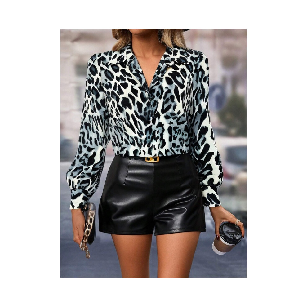 Maxpower (B25szx241117141115, L) Leopard Print 3D Print Women's Fashion Elegant Lapel Long Sleeve Shirt Urban Street Trend Fashion Women's Single Breasted Shir Not,Specified