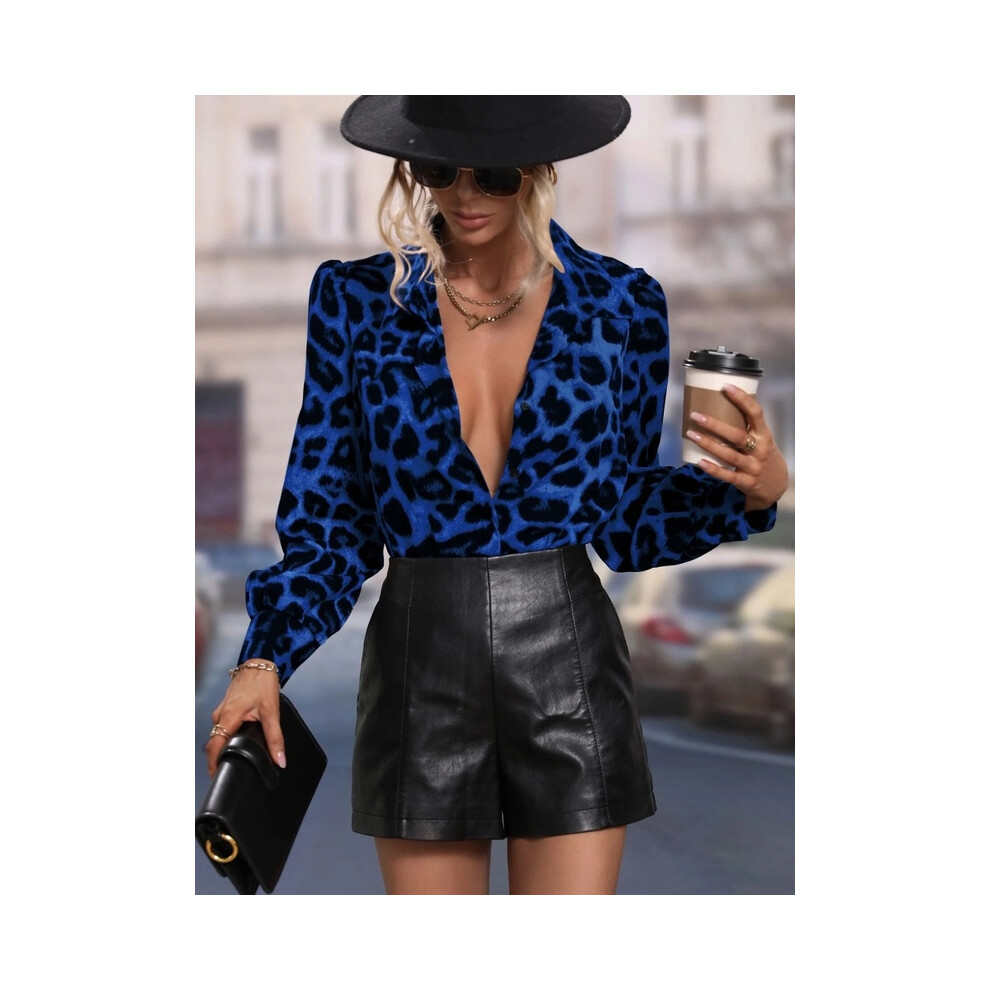 Maxpower (B25szx241117141117, M) Leopard Print 3D Print Women's Fashion Elegant Lapel Long Sleeve Shirt Urban Street Trend Fashion Women's Single Breasted Shir Not,Specified