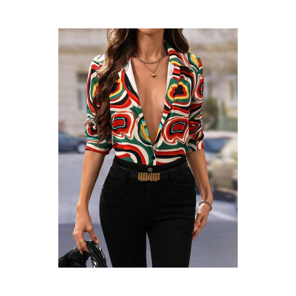 Maxpower (B25szx241117141123, S) Leopard Print 3D Print Women's Fashion Elegant Lapel Long Sleeve Shirt Urban Street Trend Fashion Women's Single Breasted Shir