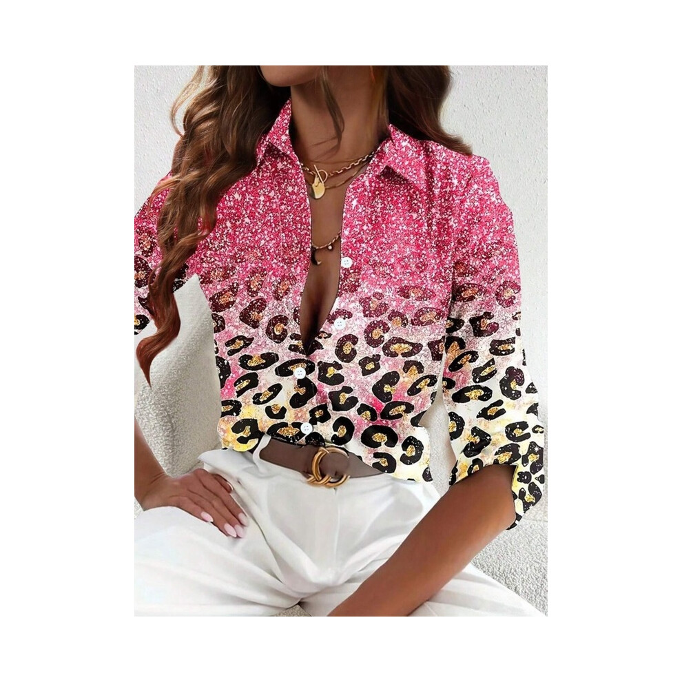 Maxpower (B25szx241117141125, S) Leopard Print 3D Print Women's Fashion Elegant Lapel Long Sleeve Shirt Urban Street Trend Fashion Women's Single Breasted Shir
