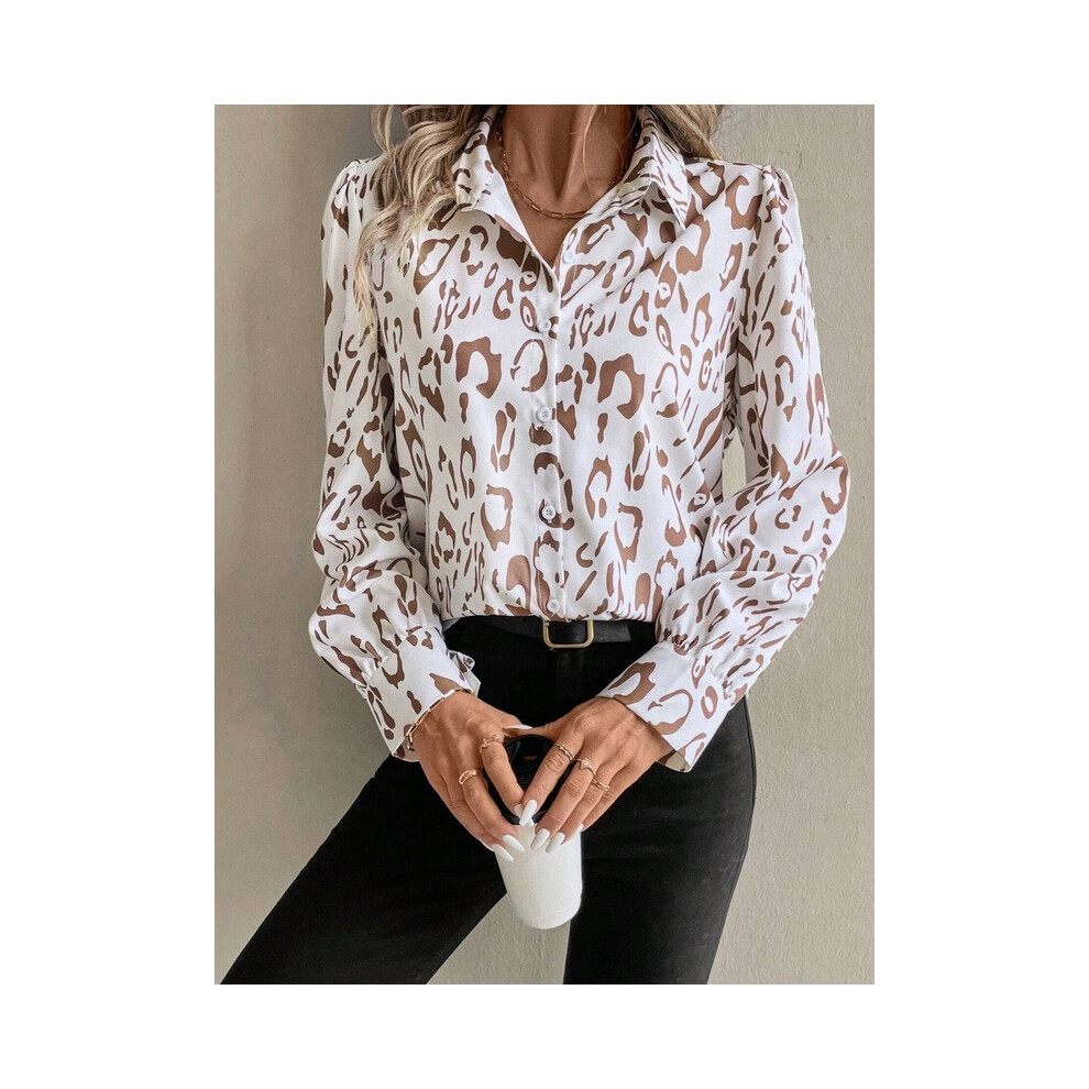 Maxpower (B25szx241117141126, S) Leopard Print 3D Print Women's Fashion Elegant Lapel Long Sleeve Shirt Urban Street Trend Fashion Women's Single Breasted Shir