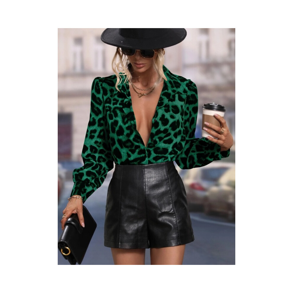 Maxpower (B25szx24111714113, S) Leopard Print 3D Print Women's Fashion Elegant Lapel Long Sleeve Shirt Urban Street Trend Fashion Women's Single Breasted Shirt Not,Specified