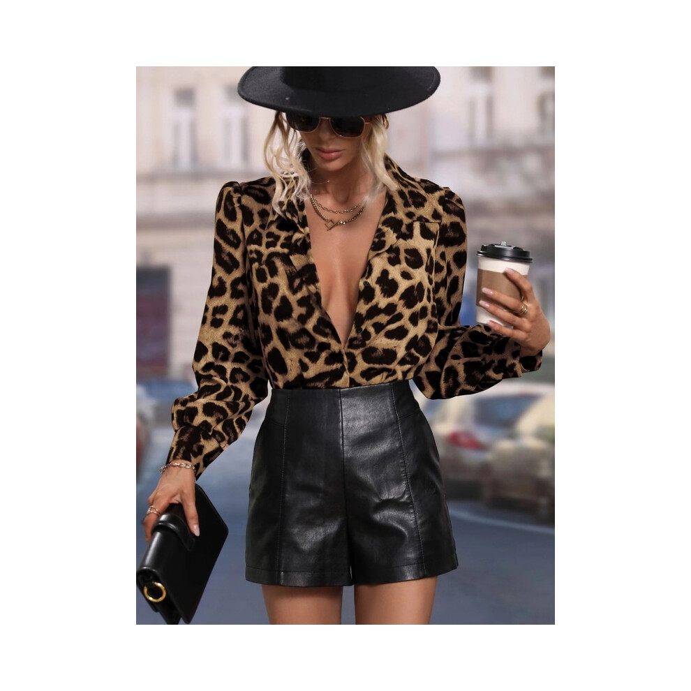 Maxpower (B25szx24111714119, Xxl) Leopard Print 3D Print Women's Fashion Elegant Lapel Long Sleeve Shirt Urban Street Trend Fashion Women's Single Breasted Shi