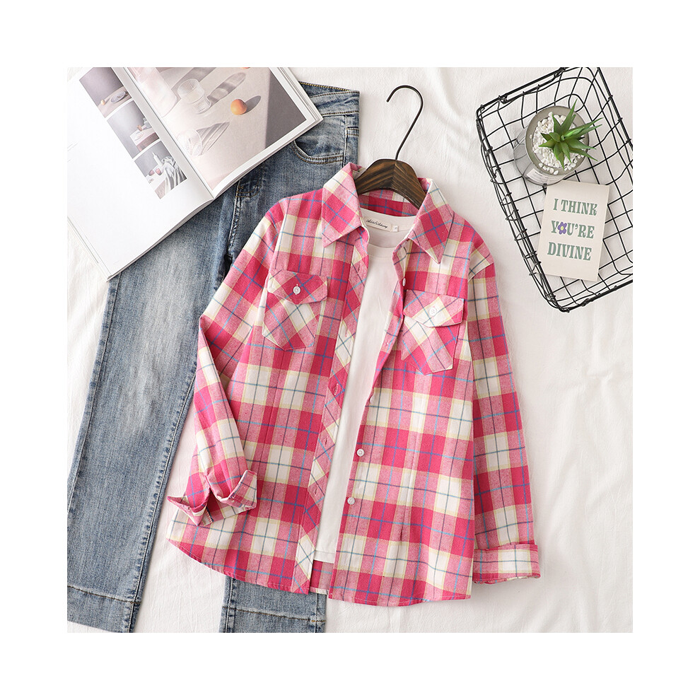 (1681, L) Cotton Flannel Plaid Shirts Women  Autumn New Female Casual Slim Fit Long Sleeve  Blouses & Tops Ladies Checkered Clothes