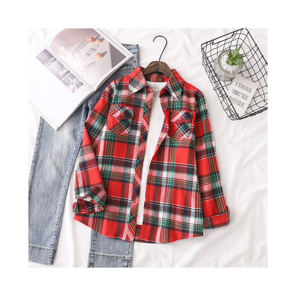 (1686, L) Cotton Flannel Plaid Shirts Women  Autumn New Female Casual Slim Fit Long Sleeve  Blouses & Tops Ladies Checkered Clothes