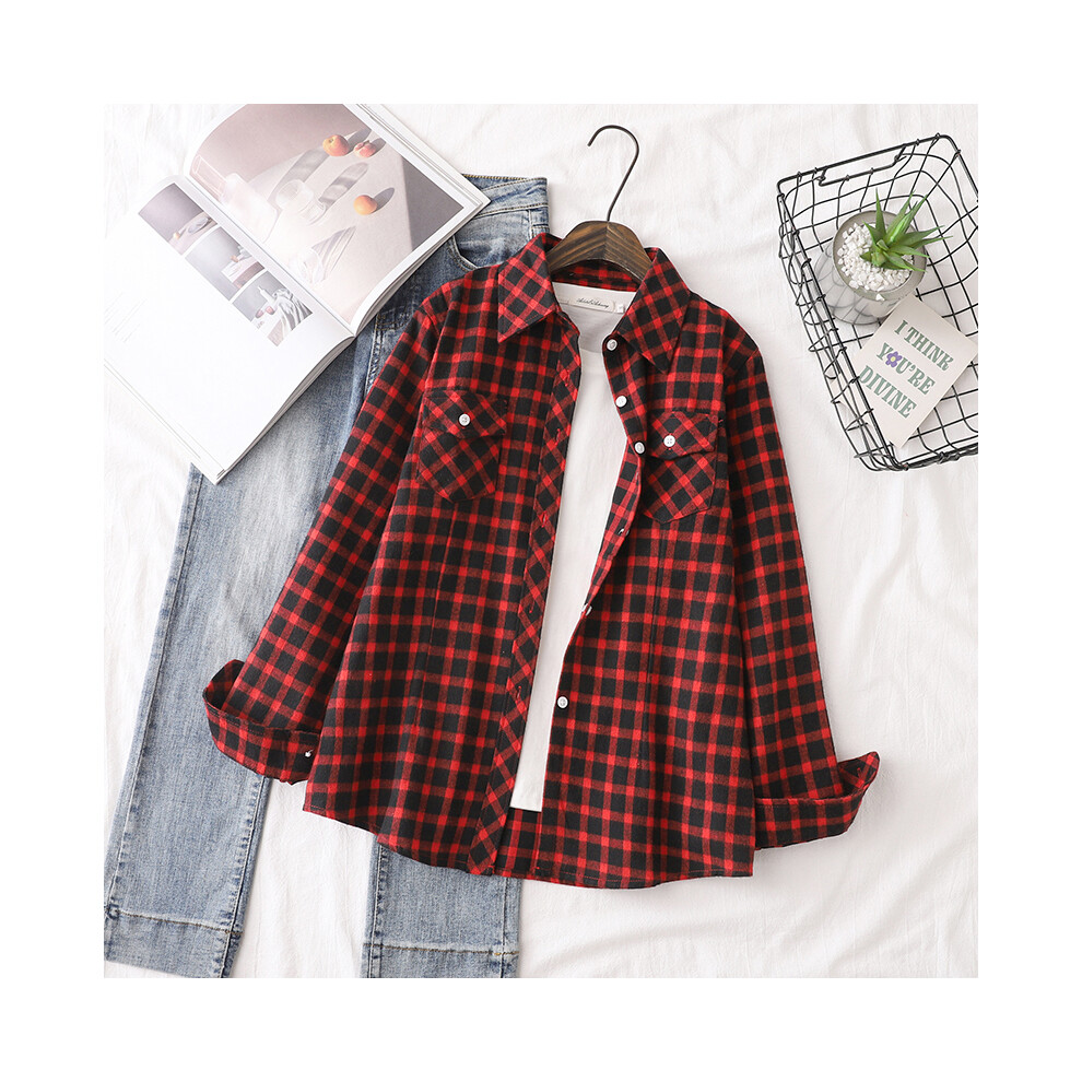 (1689, XXL) Cotton Flannel Plaid Shirts Women  Autumn New Female Casual Slim Fit Long Sleeve  Blouses & Tops Ladies Checkered Clothes