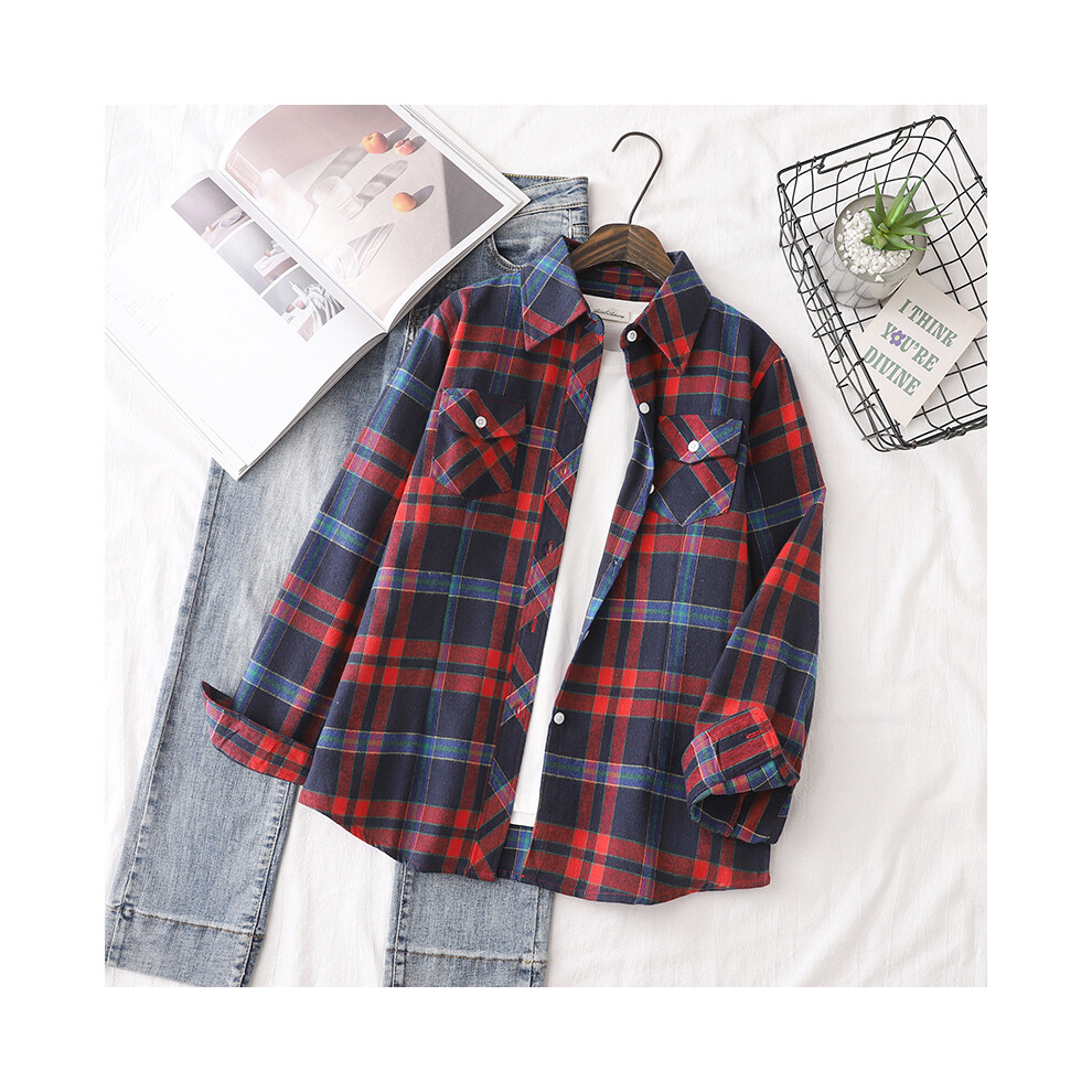 (1690, S) Cotton Flannel Plaid Shirts Women  Autumn New Female Casual Slim Fit Long Sleeve  Blouses & Tops Ladies Checkered Clothes
