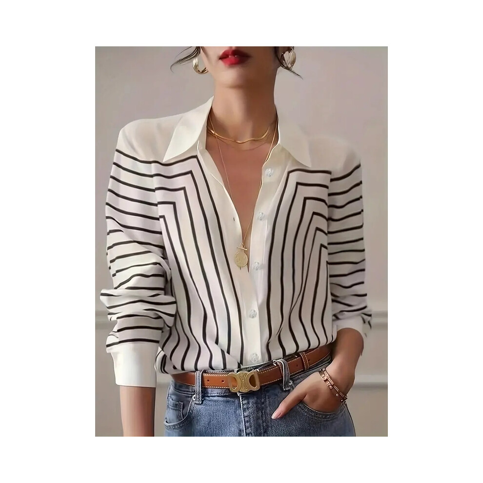 (B25SHH24332461, 2XL) Spring Summer Women's Oversized Shirt Blouse-Black & White Linear Print Button Down Tops,Casual street style Stretch Blouse