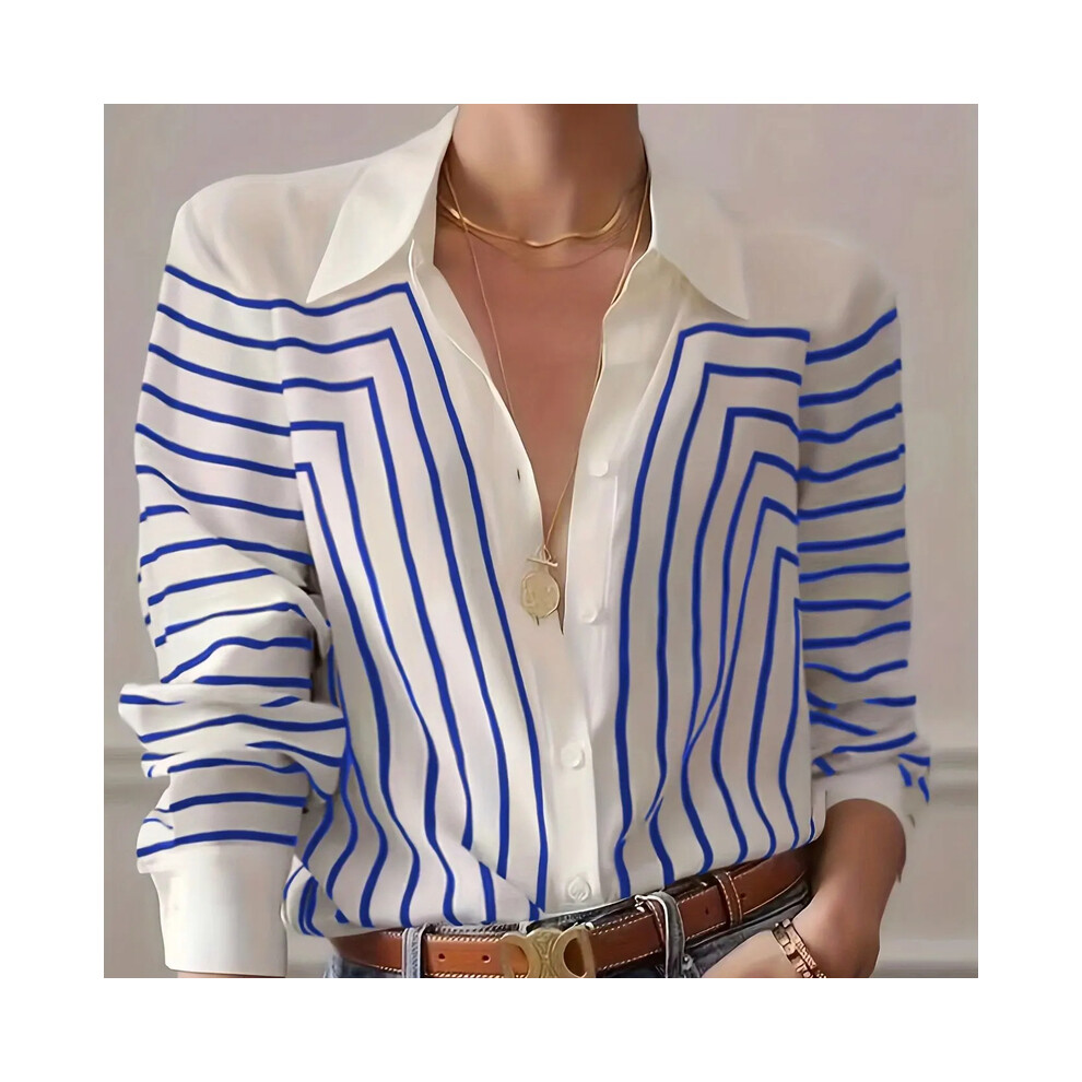 (B25SHH245614212, 2XL) Spring Summer Women's Oversized Shirt Blouse-Black & White Linear Print Button Down Tops,Casual street style Stretch Blouse