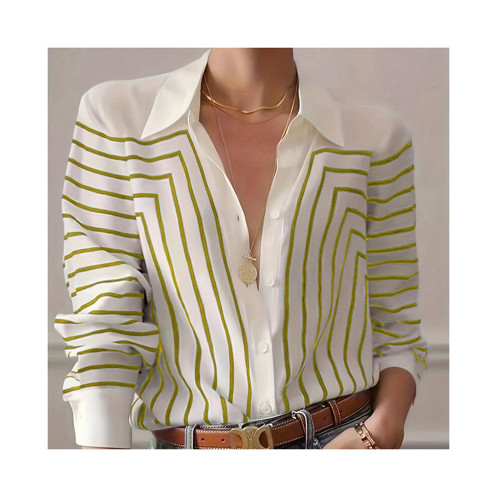 (B25SHH245614217, S) Spring Summer Women's Oversized Shirt Blouse-Black & White Linear Print Button Down Tops,Casual street style Stretch Blouse