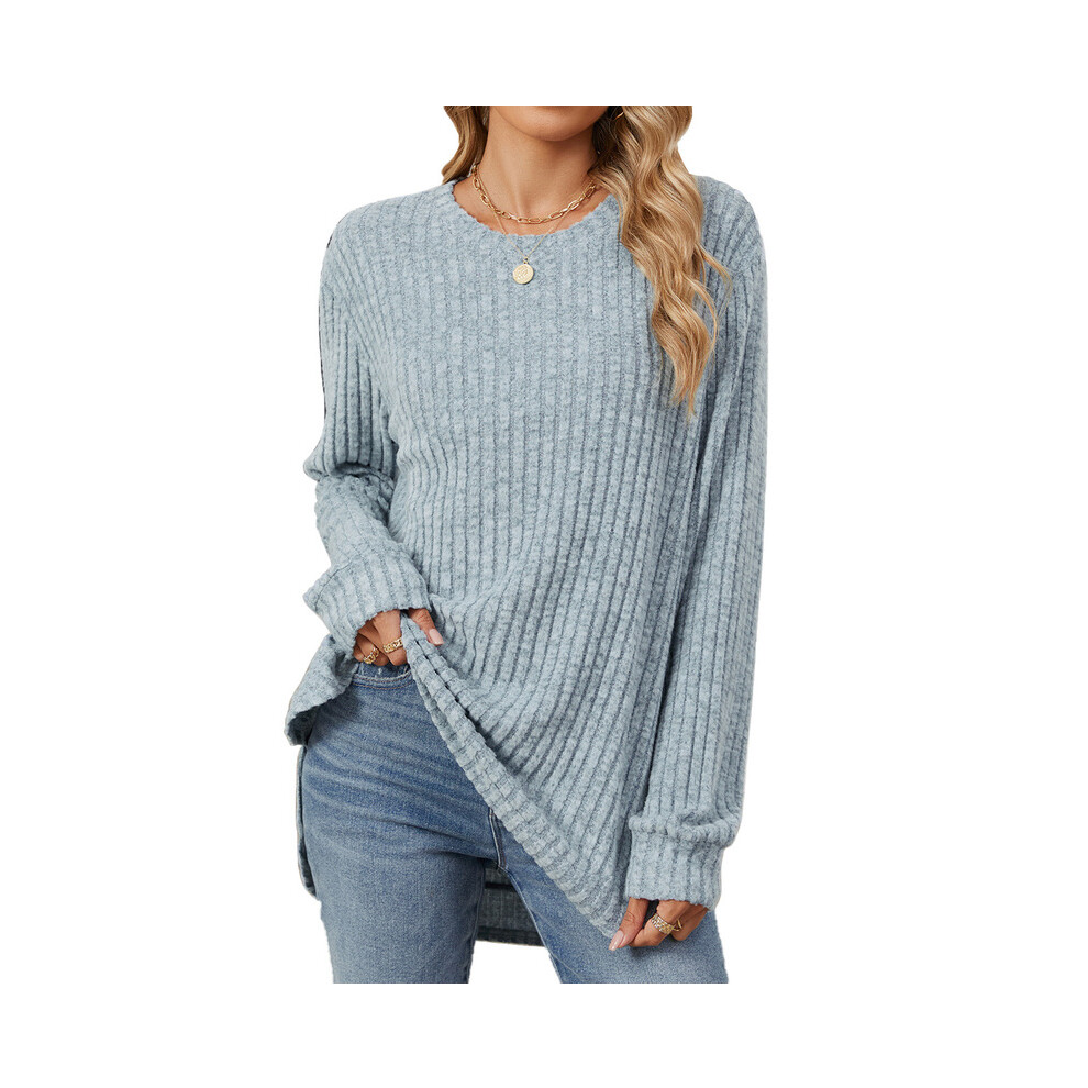 (S, light blue) New Round Neck Brushed Solid Color Casual Long-sleeved T-shirt Tops for Women